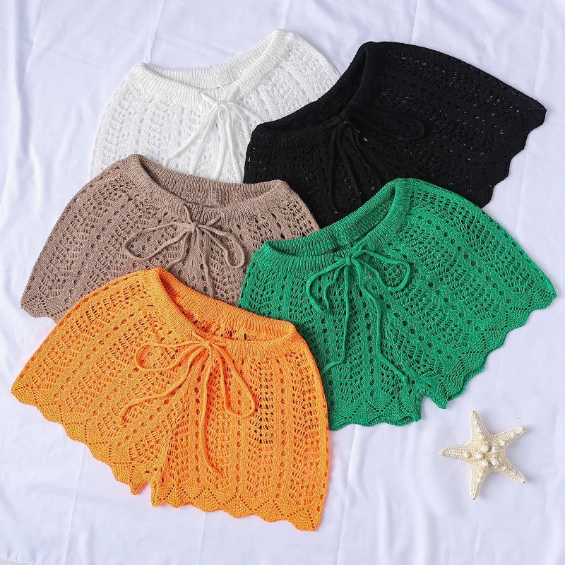 Swim Vacation Beach Plain Color Hollow-Out Knit Cover-Up Shorts, For Summer