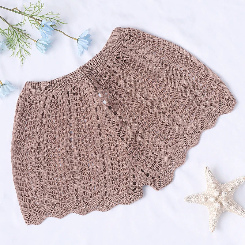 Swim Vacation Beach Plain Color Hollow-Out Knit Cover-Up Shorts, For Summer