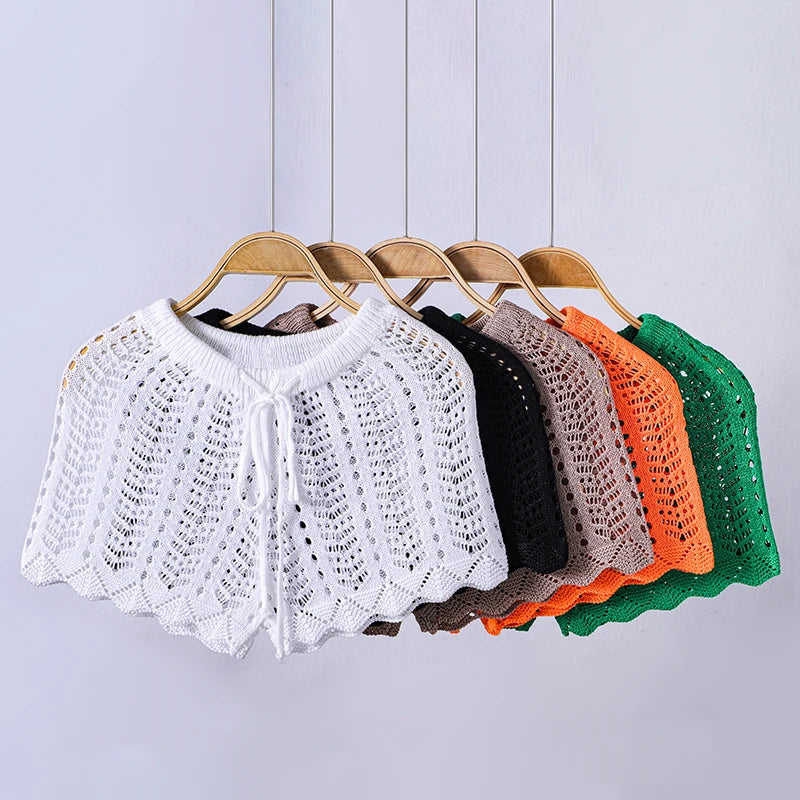 Swim Vacation Beach Plain Color Hollow-Out Knit Cover-Up Shorts, For Summer