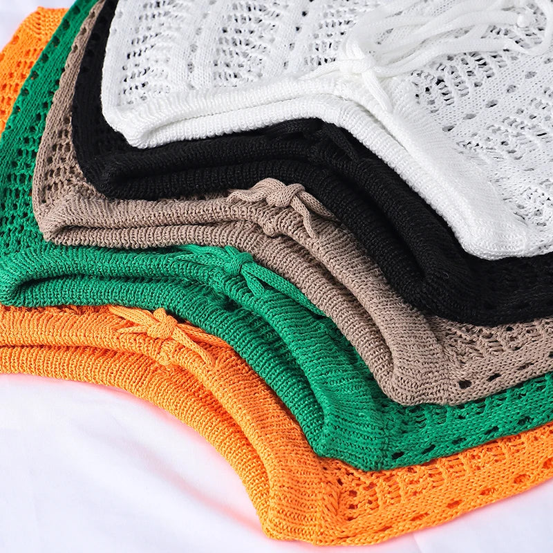 Swim Vacation Beach Plain Color Hollow-Out Knit Cover-Up Shorts, For Summer