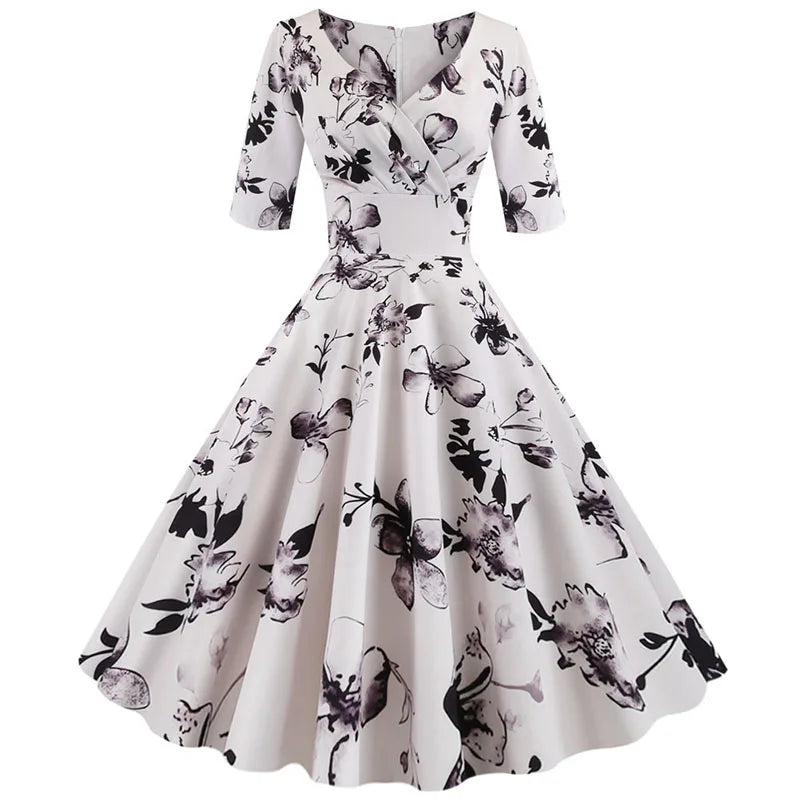 Women Summer Dress Casual Half Sleeve Elegant Vintage Office Party Floral Print Midi Sundress vestidos