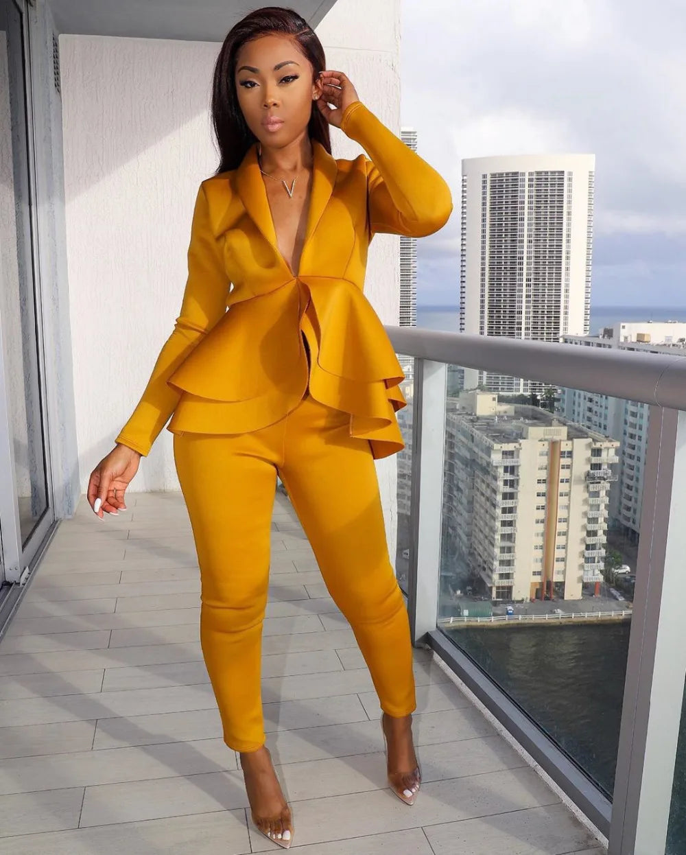 New 2026 Women Long Sleeve Solid Ruffles Design Top & Skinny Pencil Pant Sets Two Piece Set Women Outfits
