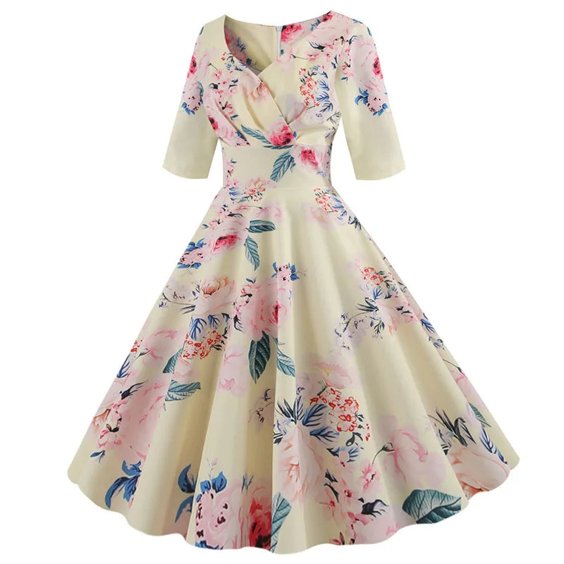 Women Summer Dress Casual Half Sleeve Elegant Vintage Office Party Floral Print Midi Sundress vestidos