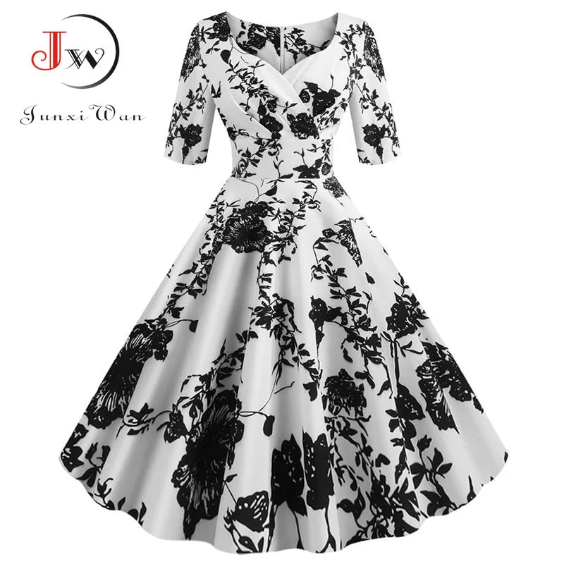 Women Summer Dress Casual Half Sleeve Elegant Vintage Office Party Floral Print Midi Sundress vestidos