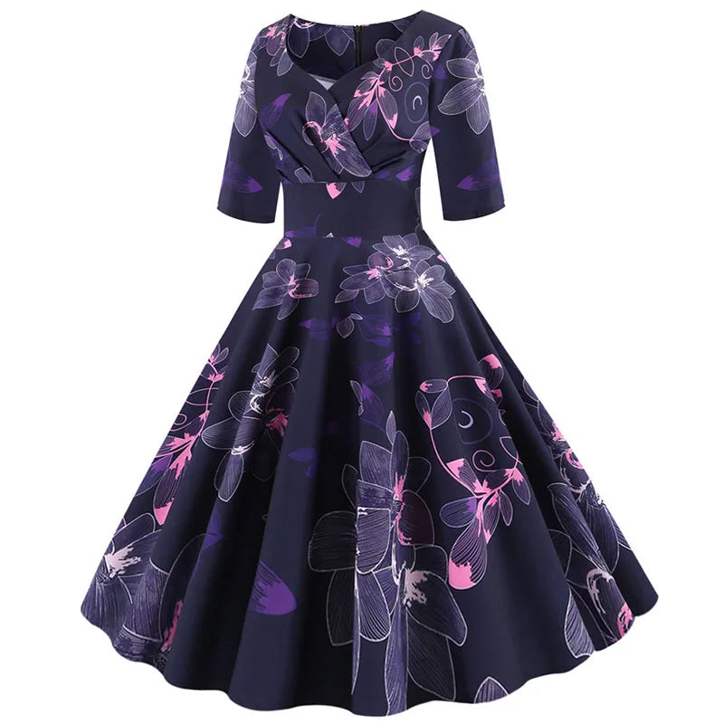Women Summer Dress Casual Half Sleeve Elegant Vintage Office Party Floral Print Midi Sundress vestidos