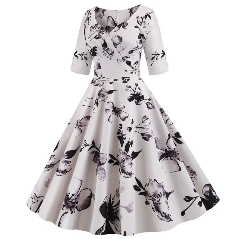 Women Summer Dress Casual Half Sleeve Elegant Vintage Office Party Floral Print Midi Sundress vestidos