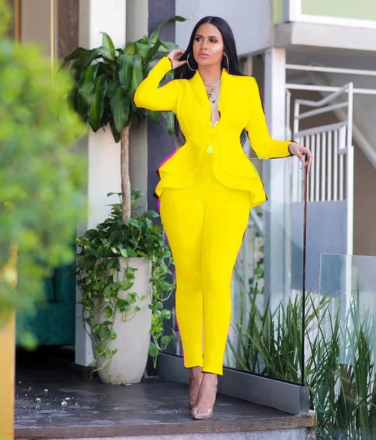 New 2026 Women Long Sleeve Solid Ruffles Design Top & Skinny Pencil Pant Sets Two Piece Set Women Outfits
