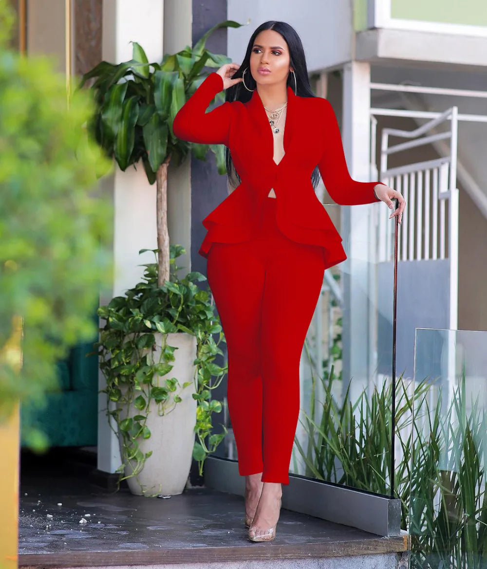 New 2026 Women Long Sleeve Solid Ruffles Design Top & Skinny Pencil Pant Sets Two Piece Set Women Outfits