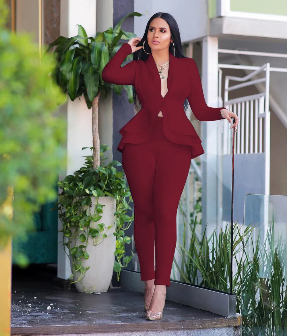 New 2026 Women Long Sleeve Solid Ruffles Design Top & Skinny Pencil Pant Sets Two Piece Set Women Outfits