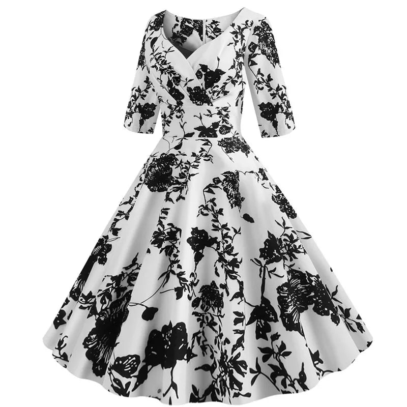 Women Summer Dress Casual Half Sleeve Elegant Vintage Office Party Floral Print Midi Sundress vestidos
