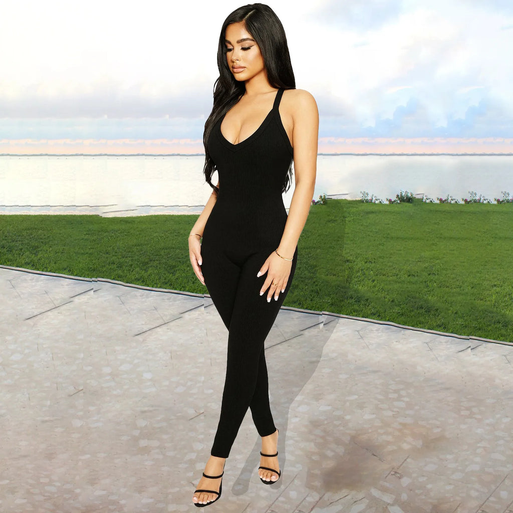 Sexy Cleavage Jumpsuits Women Classic Simple Casual Sporty Wear Sleeveless V-Neck Back Criss Cross Active Casualwear