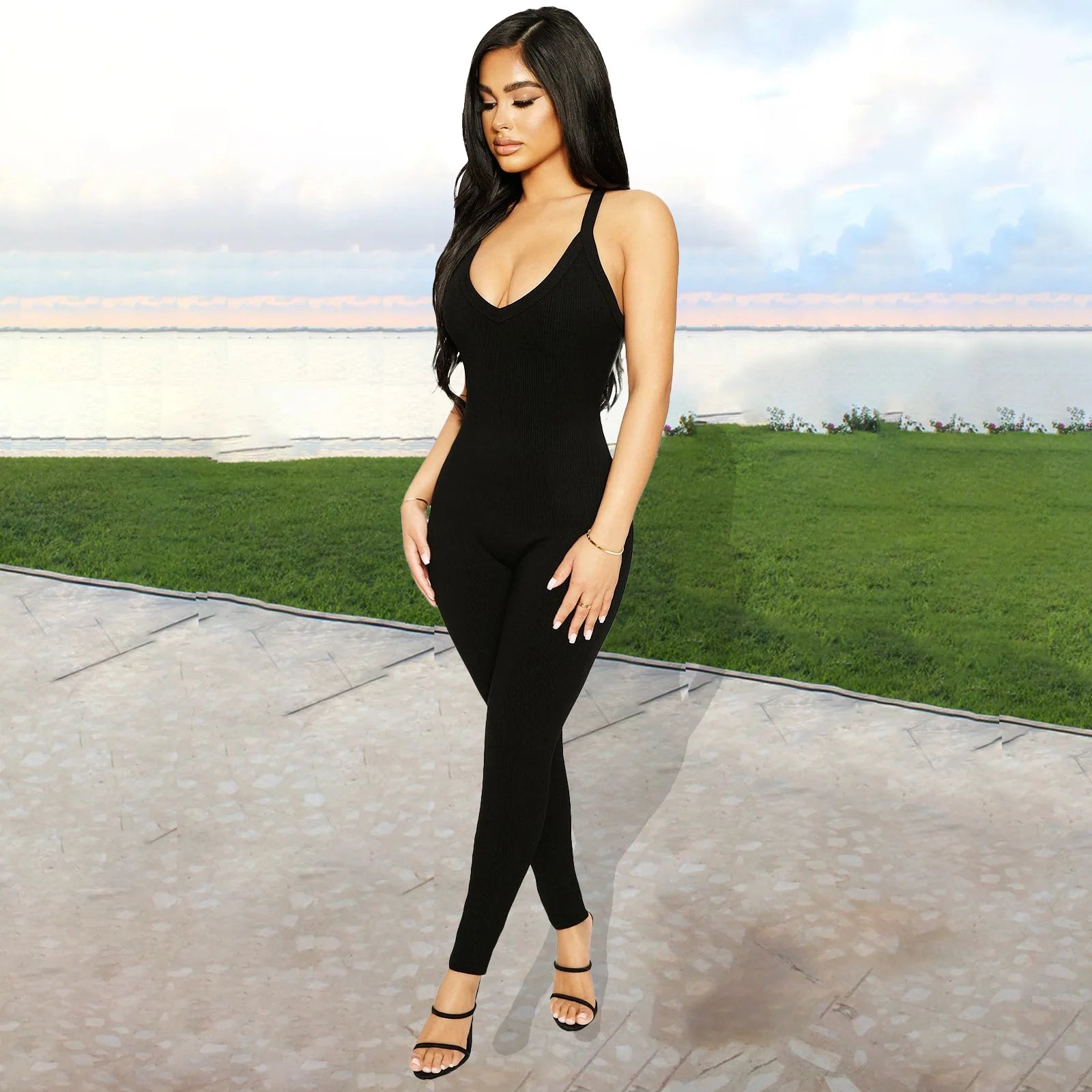 Sexy Cleavage Jumpsuits Women Classic Simple Casual Sporty Wear Sleeveless V-Neck Back Criss Cross Active Casualwear