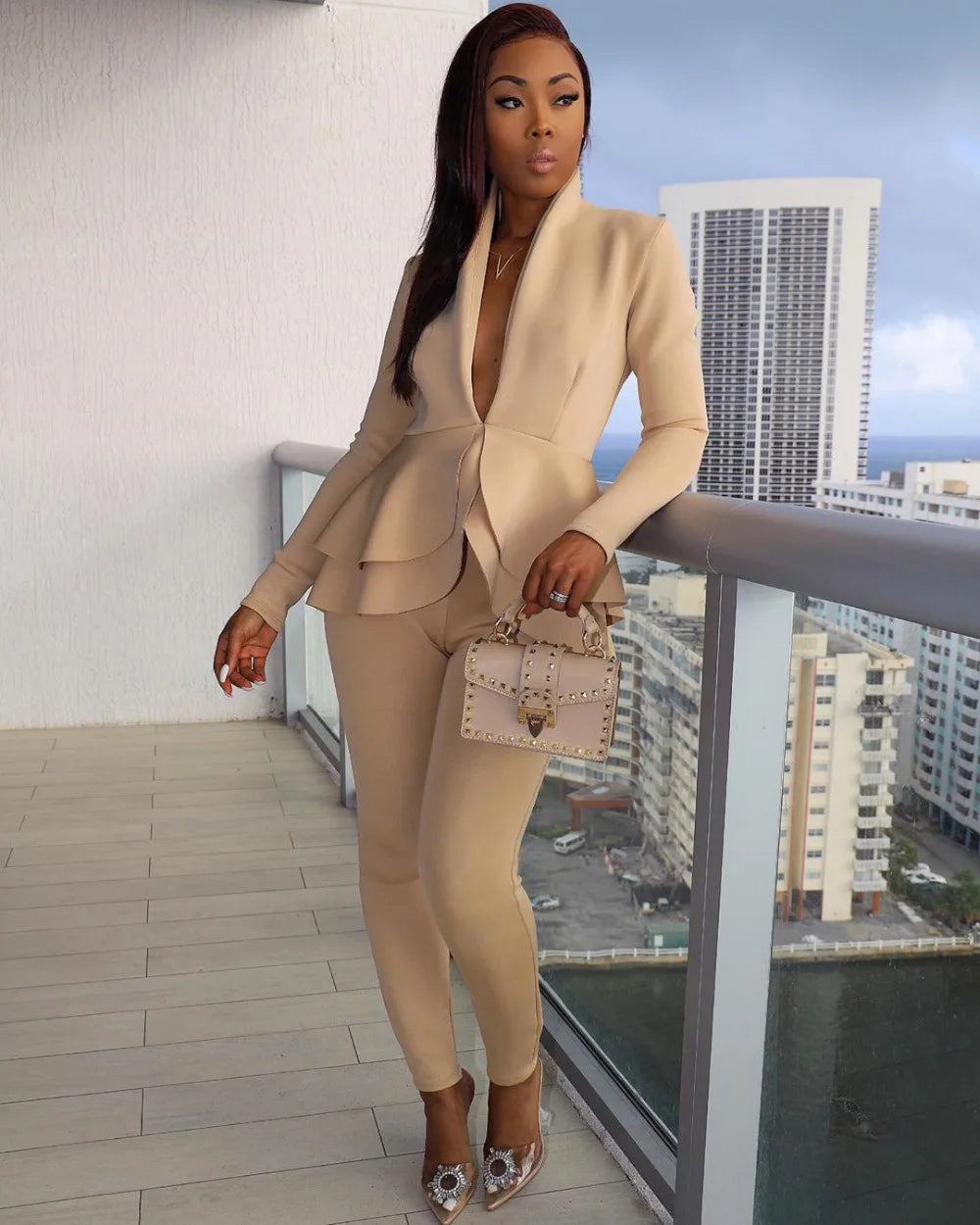 New 2026 Women Long Sleeve Solid Ruffles Design Top & Skinny Pencil Pant Sets Two Piece Set Women Outfits