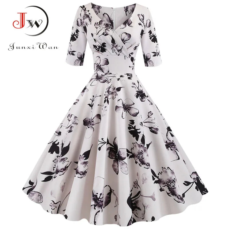 Women Summer Dress Casual Half Sleeve Elegant Vintage Office Party Floral Print Midi Sundress vestidos
