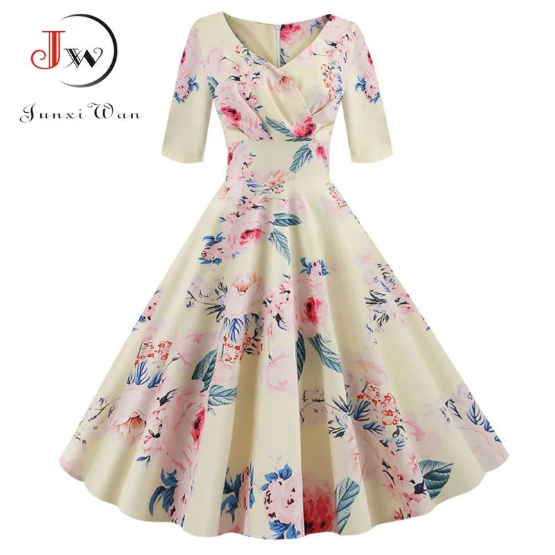 Women Summer Dress Casual Half Sleeve Elegant Vintage Office Party Floral Print Midi Sundress vestidos