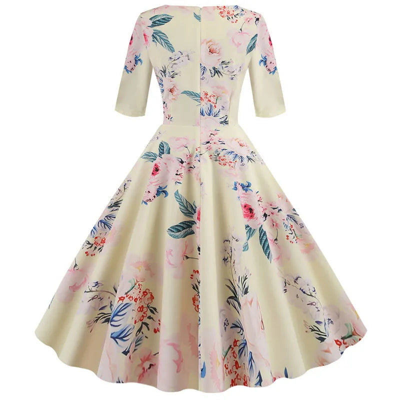 Women Summer Dress Casual Half Sleeve Elegant Vintage Office Party Floral Print Midi Sundress vestidos
