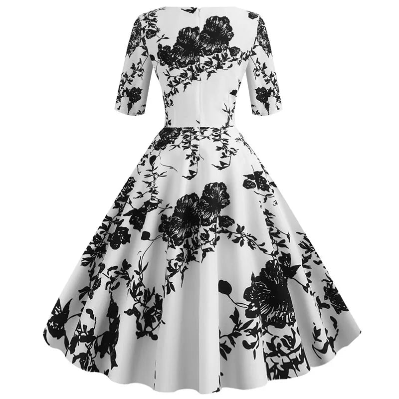 Women Summer Dress Casual Half Sleeve Elegant Vintage Office Party Floral Print Midi Sundress vestidos