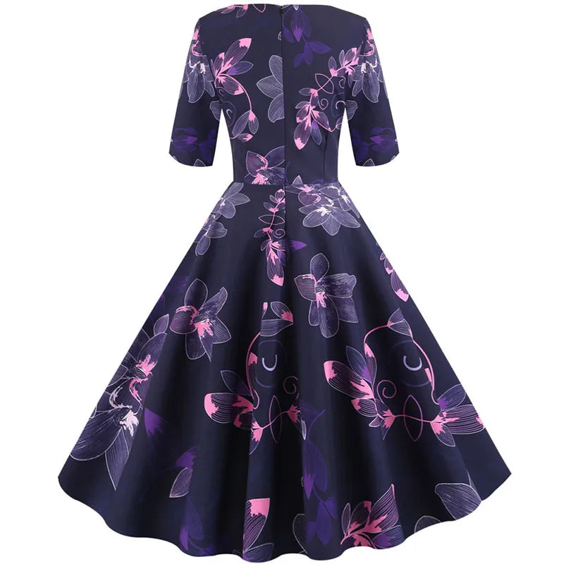 Women Summer Dress Casual Half Sleeve Elegant Vintage Office Party Floral Print Midi Sundress vestidos