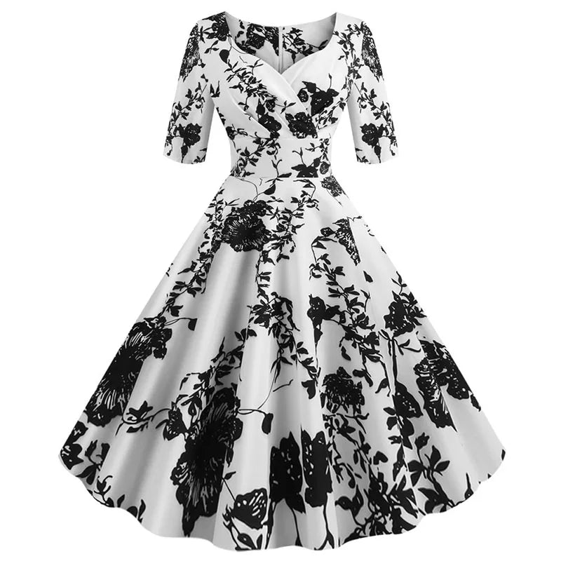 Women Summer Dress Casual Half Sleeve Elegant Vintage Office Party Floral Print Midi Sundress vestidos