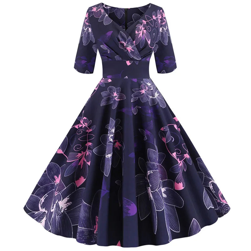 Women Summer Dress Casual Half Sleeve Elegant Vintage Office Party Floral Print Midi Sundress vestidos