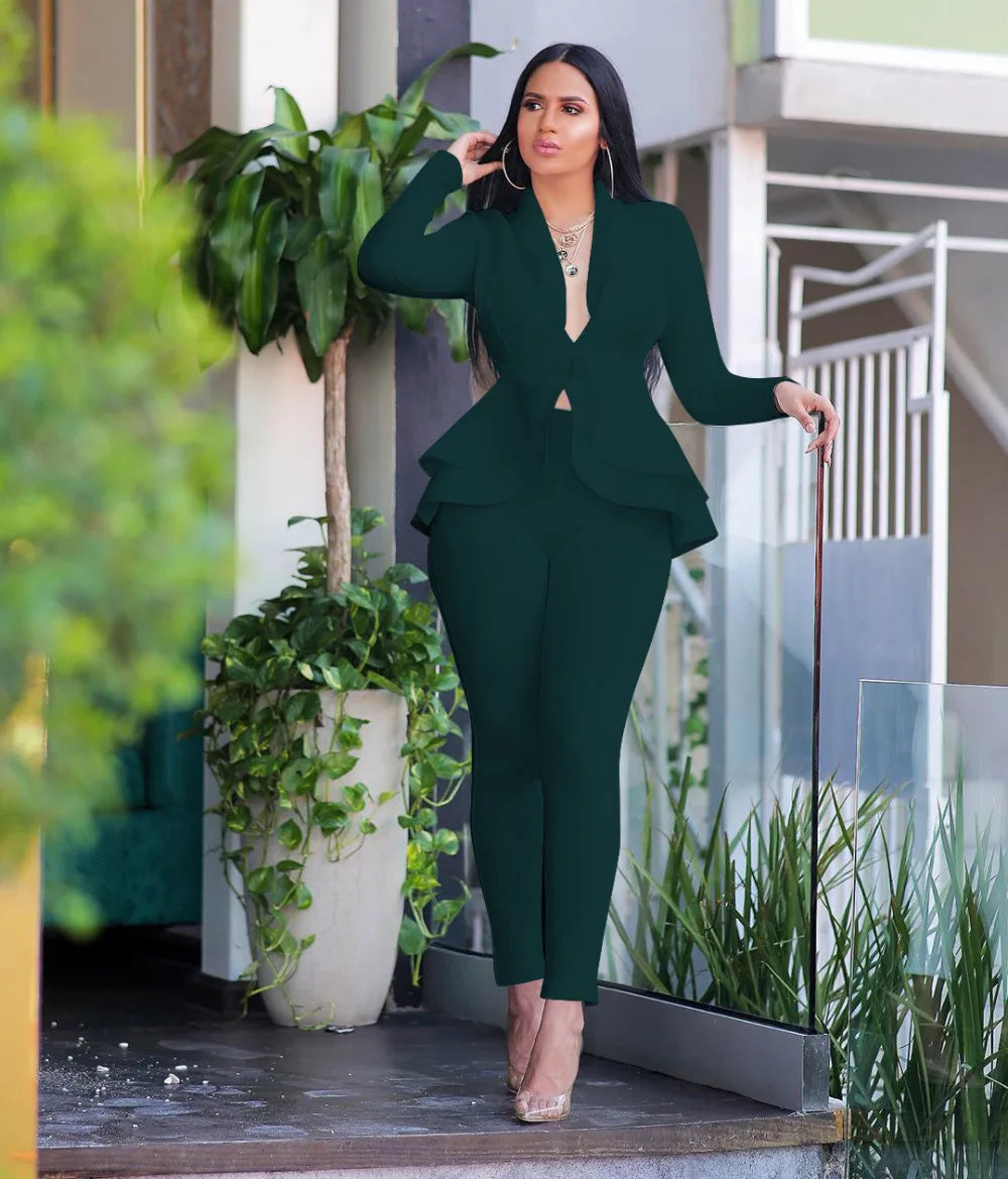 New 2026 Women Long Sleeve Solid Ruffles Design Top & Skinny Pencil Pant Sets Two Piece Set Women Outfits