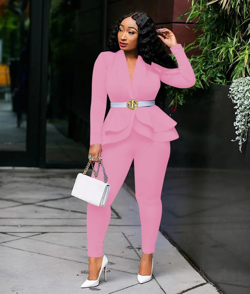 New 2026 Women Long Sleeve Solid Ruffles Design Top & Skinny Pencil Pant Sets Two Piece Set Women Outfits