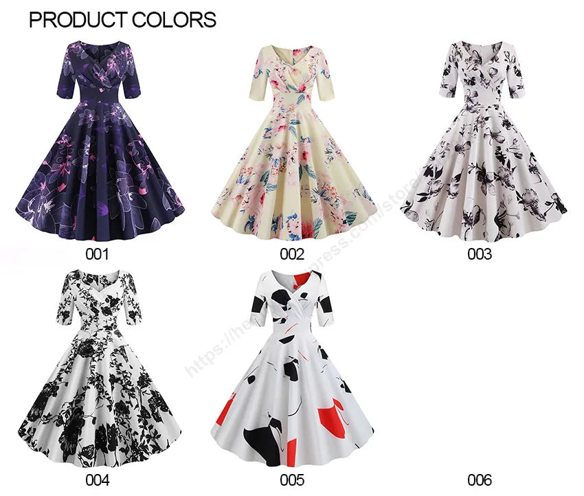 Women Summer Dress Casual Half Sleeve Elegant Vintage Office Party Floral Print Midi Sundress vestidos