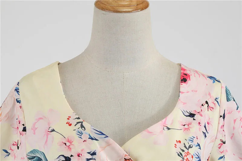 Women Summer Dress Casual Half Sleeve Elegant Vintage Office Party Floral Print Midi Sundress vestidos