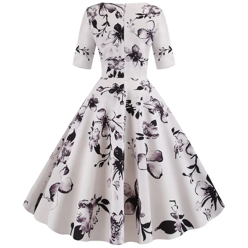 Women Summer Dress Casual Half Sleeve Elegant Vintage Office Party Floral Print Midi Sundress vestidos