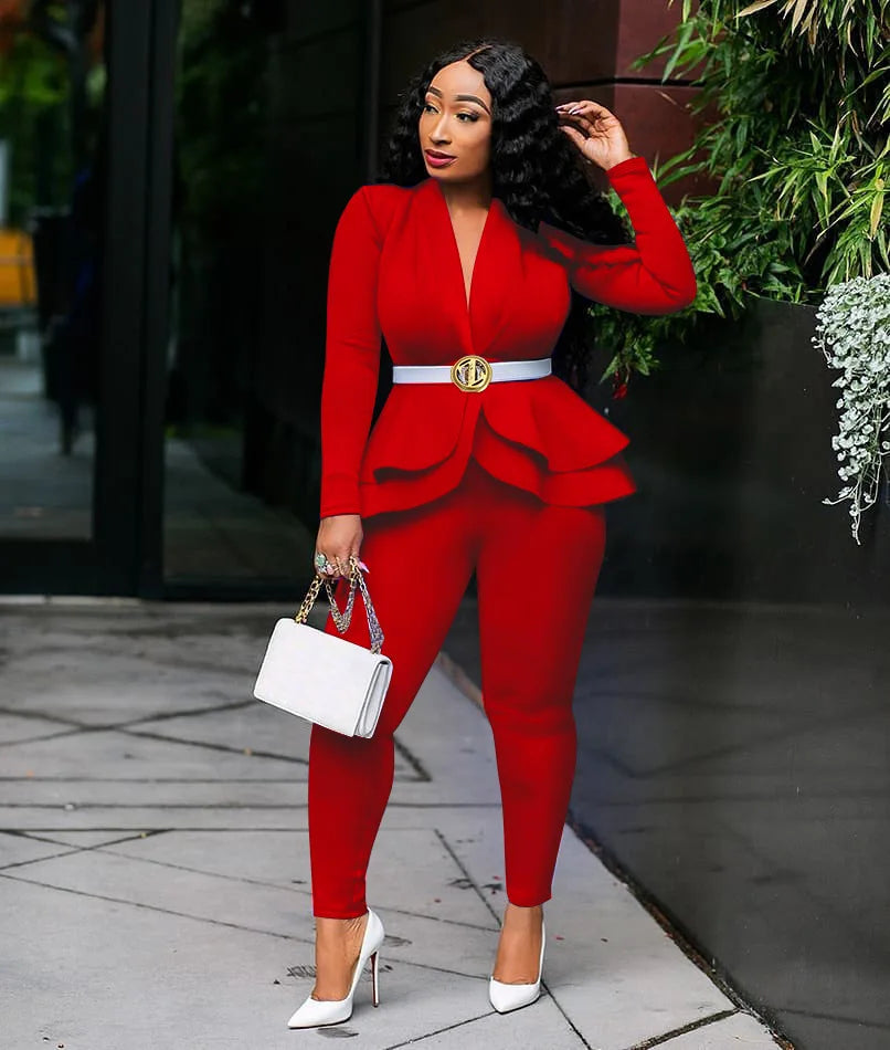New 2026 Women Long Sleeve Solid Ruffles Design Top & Skinny Pencil Pant Sets Two Piece Set Women Outfits