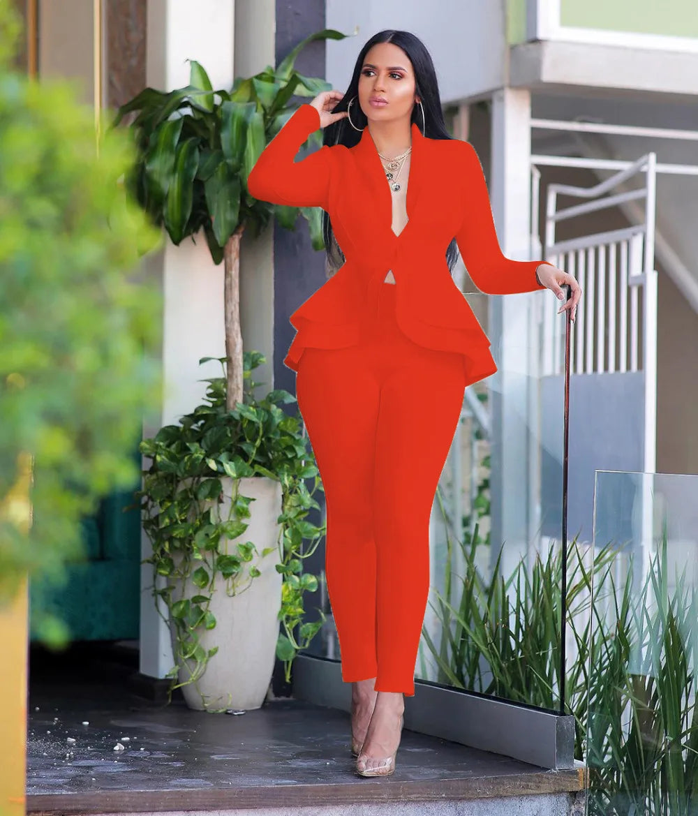 New 2026 Women Long Sleeve Solid Ruffles Design Top & Skinny Pencil Pant Sets Two Piece Set Women Outfits