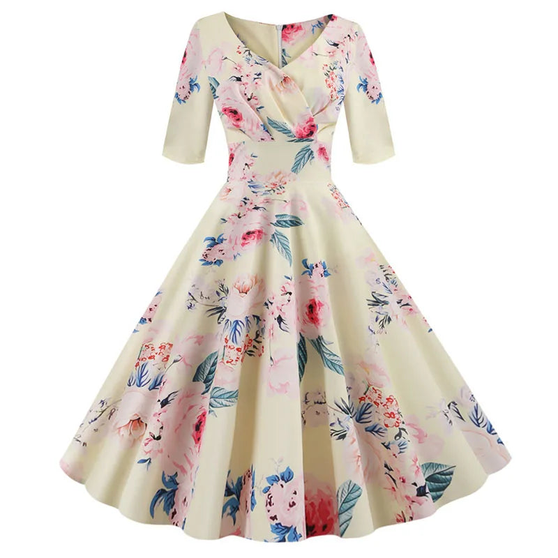 Women Summer Dress Casual Half Sleeve Elegant Vintage Office Party Floral Print Midi Sundress vestidos