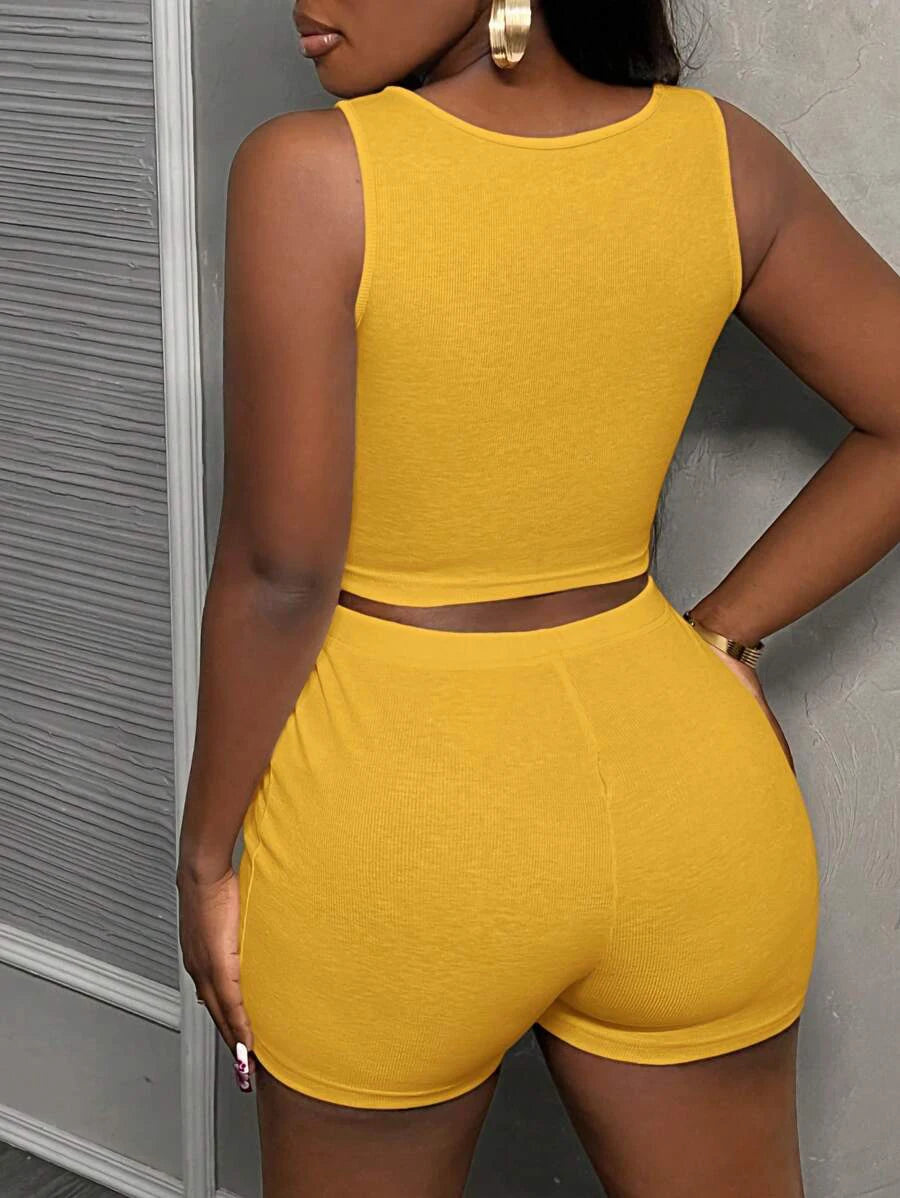 Trendy  Turmeric Ribbed Two-Piece Set Women's Crop Top and Shorts Sporty Casual Set Streetwear Nightclub Outfit