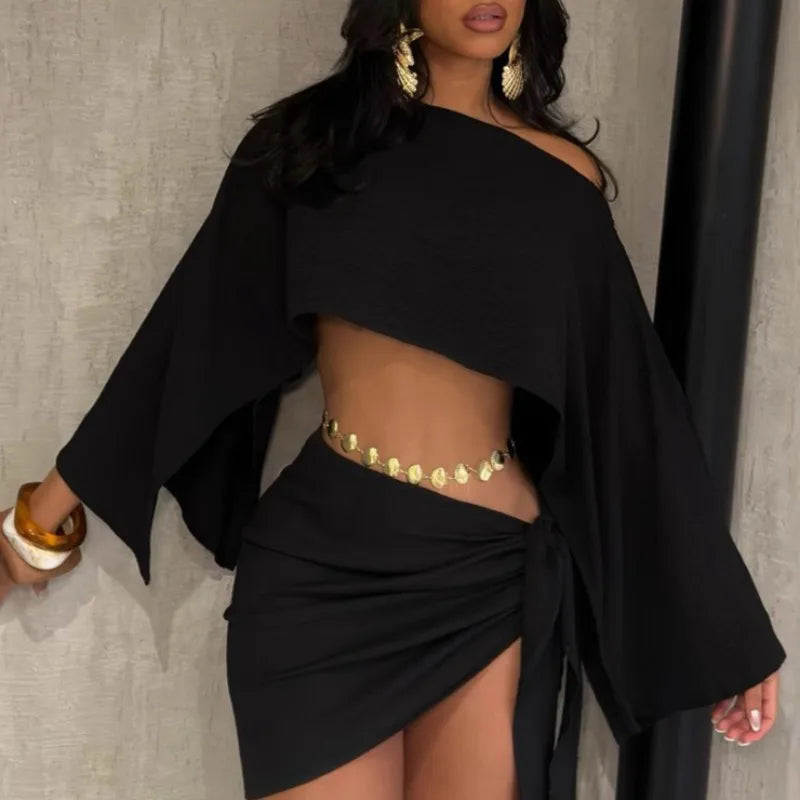 HLJ Elegant Off Showlder Two Piece Outfits Woman Summer One Shoulder Flared Sleeve Loose Crop Top and Skirt Suit Streetwear New