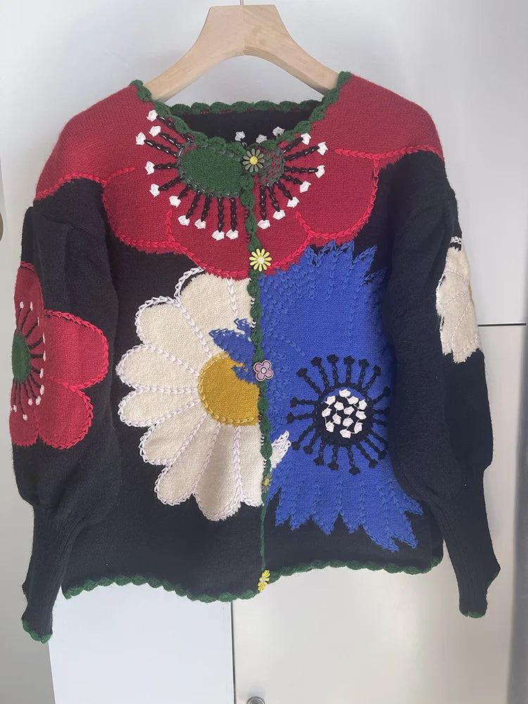 Vintage Flower Embroidery Knitted Top High Quality Women Fashion Cardigan Fashion Trends Autumn/Winter New in Chic Sweater Coat