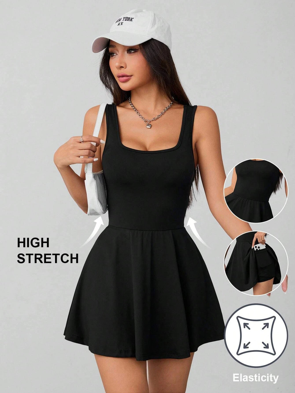 Ladies Elegant Sexy Spring Summer Square Collar Pocket Safety Pants Dress Fashionable Women's Clothing