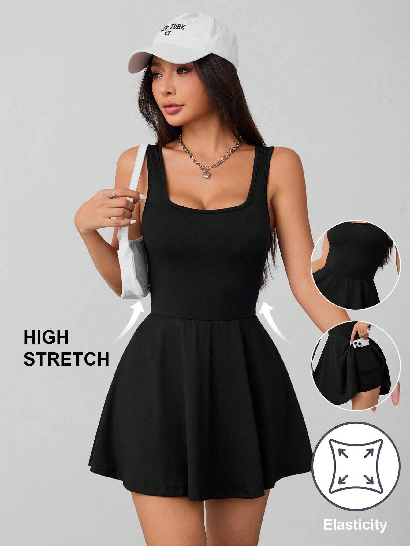 Ladies Elegant Sexy Spring Summer Square Collar Pocket Safety Pants Dress Fashionable Women's Clothing