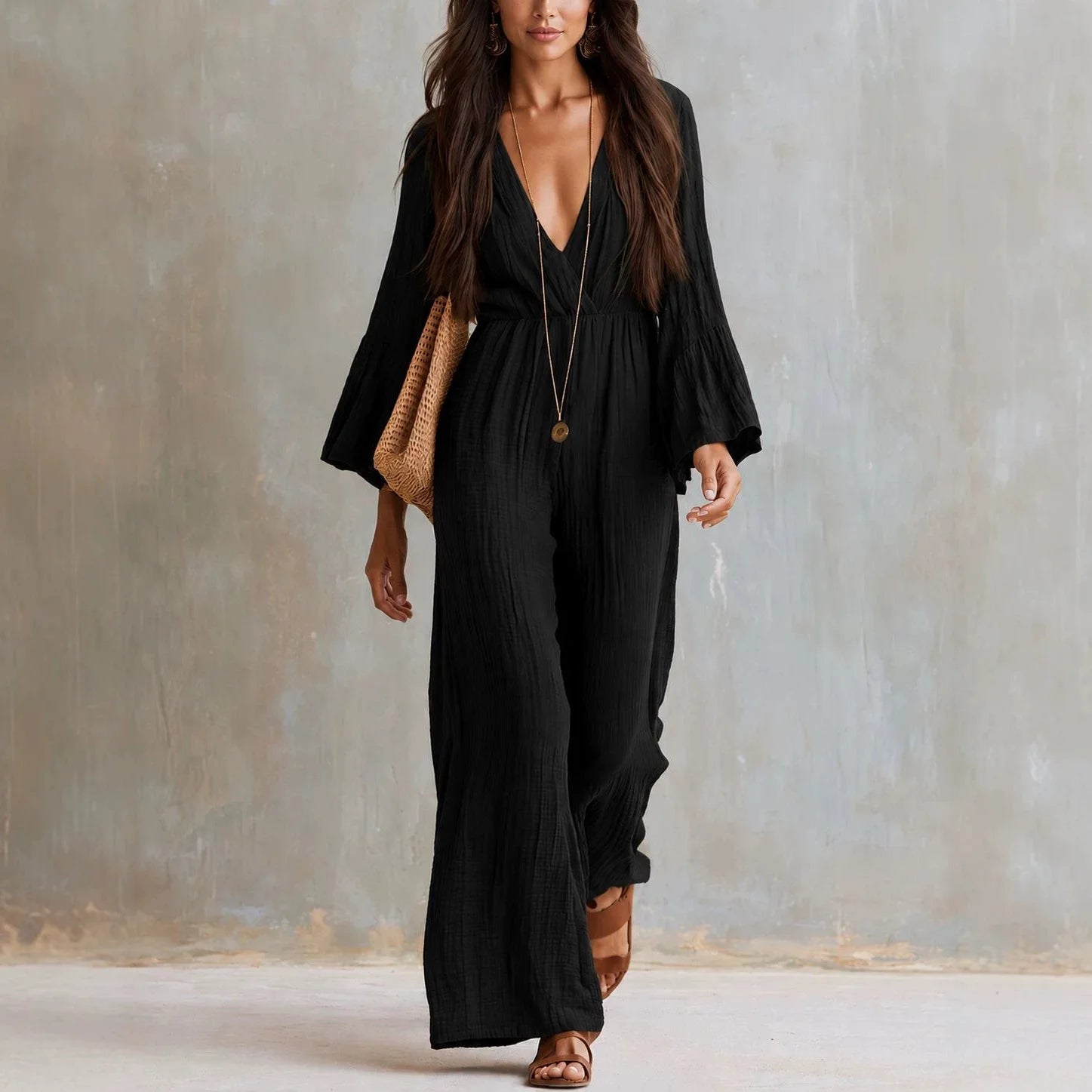 Elegant Solid Color Women's High Waisted Jumpsuit Bohemian Spring Autumn Fashion V-neck Wide Leg Jumpsuits Lady Office Clothing