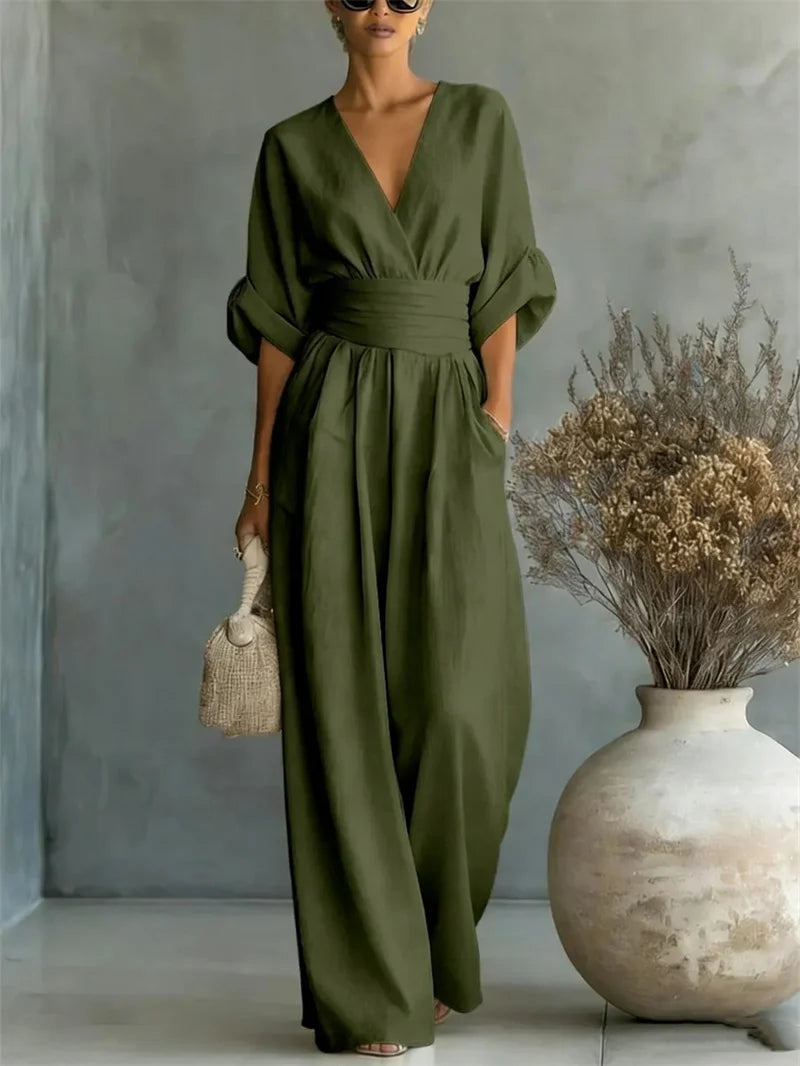 2026 Spring Summer Women Elegant V-neck Jumpsuit Casual Short Sleeve Ruched High Waist Wide Leg Pants Loose Office Lady Romper