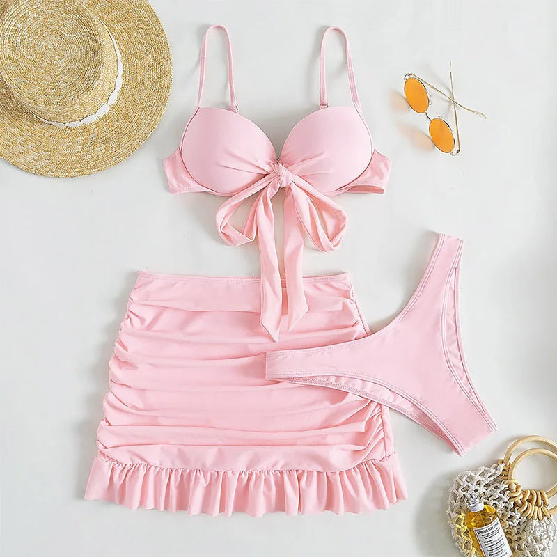 Cikini-Solid Bikini Set, Knot Front Push Up Bra, High Cut Bottom, Ruched Beach Skirt, 3 Piece Bathing Suit