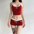 Y2K Women Summer Outfits Set Embroidery Letters Contrast Color Sexy Slim Backless Camisole Tops+Drawstring Elastic Waist Shorts