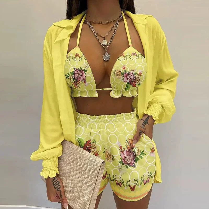 2026 New Bathing Suit Shorts Cover Up Summer Three Pieces Swimwear Sexy Beachwear High Waist Bikini Set Print Women's Swimsuit