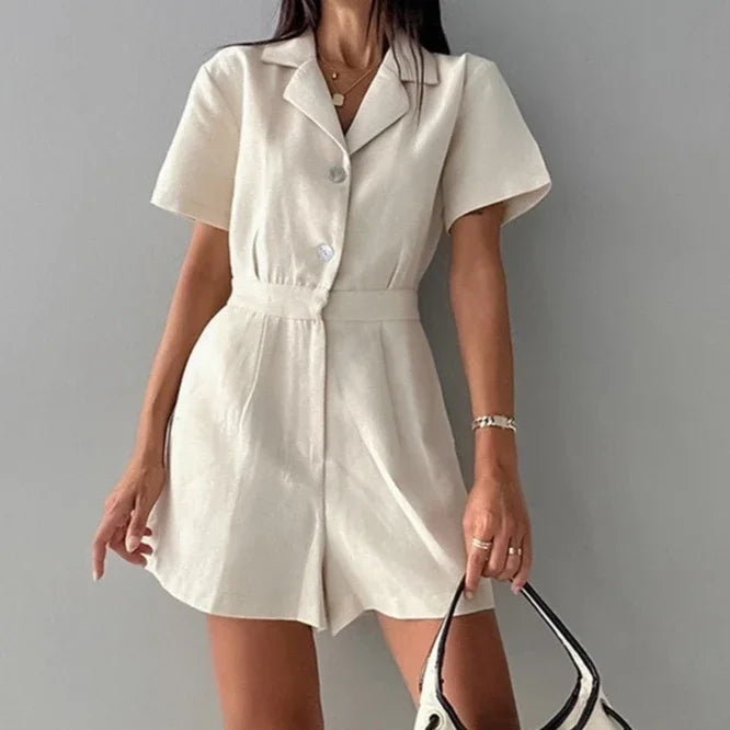 Khaki Linen Waist-cinching Wide-leg Jumpsuit for Women, Short-sleeved Commuting Jumpsuit, Autumn Women's Clothing