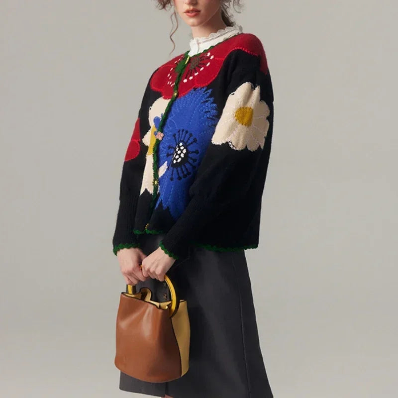 Vintage Flower Embroidery Knitted Top High Quality Women Fashion Cardigan Fashion Trends Autumn/Winter New in Chic Sweater Coat