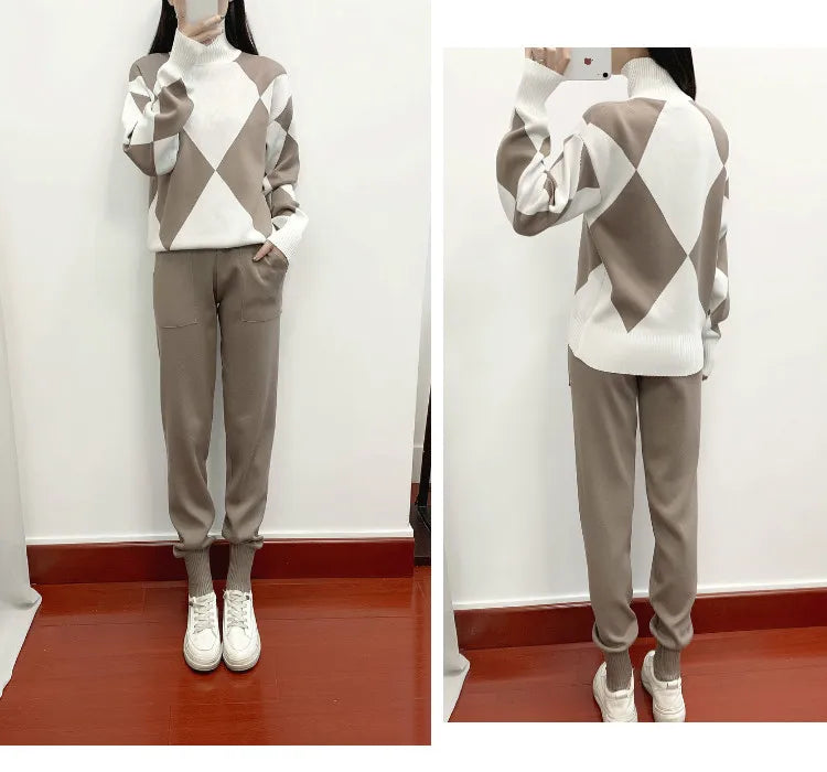 Women's Fashion Knitted Checkered Turtleneck Sweater 2 Piece Autum Winter Casual Lace Up Pocket Knitted Pants Sports Female Suit