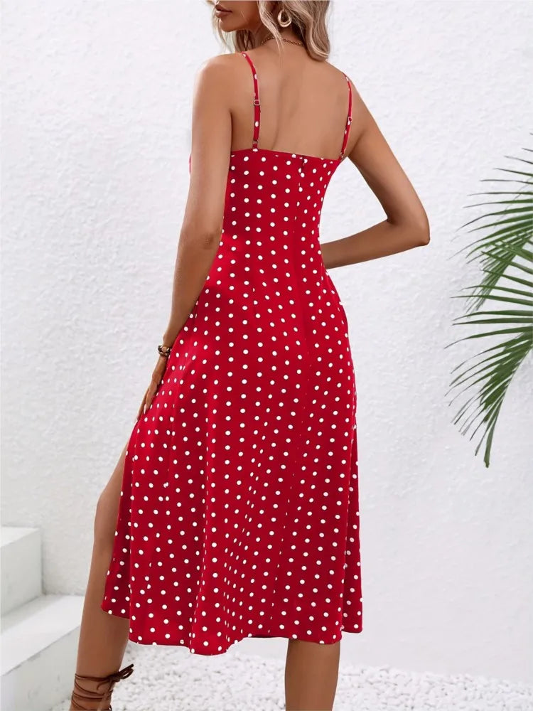 New Summer Sexy Spaghetti Straps Dress Women Fashion Polka Dot Print Sleeveless Slit Dress Boho Casual Beach Midi Dresses