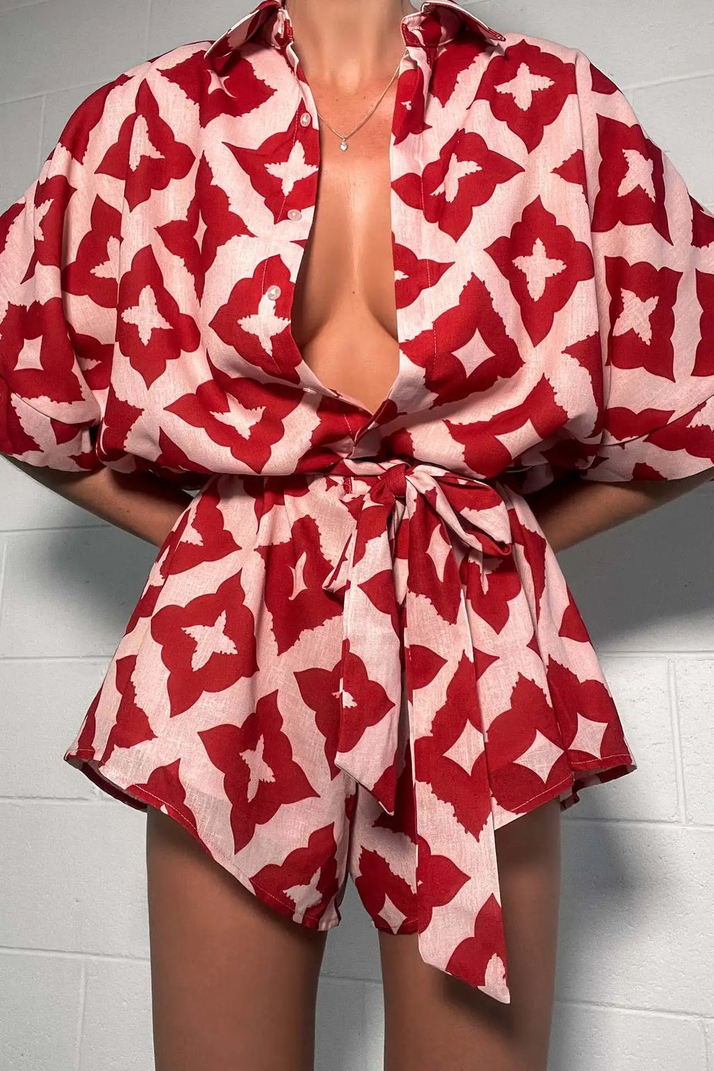 2026 New Autumn Women Loose Casual Print Strap Jumpsuit Red Print Bow Tie Turndown Collar Loose Bodysuit Sexy Outfits Streetwear
