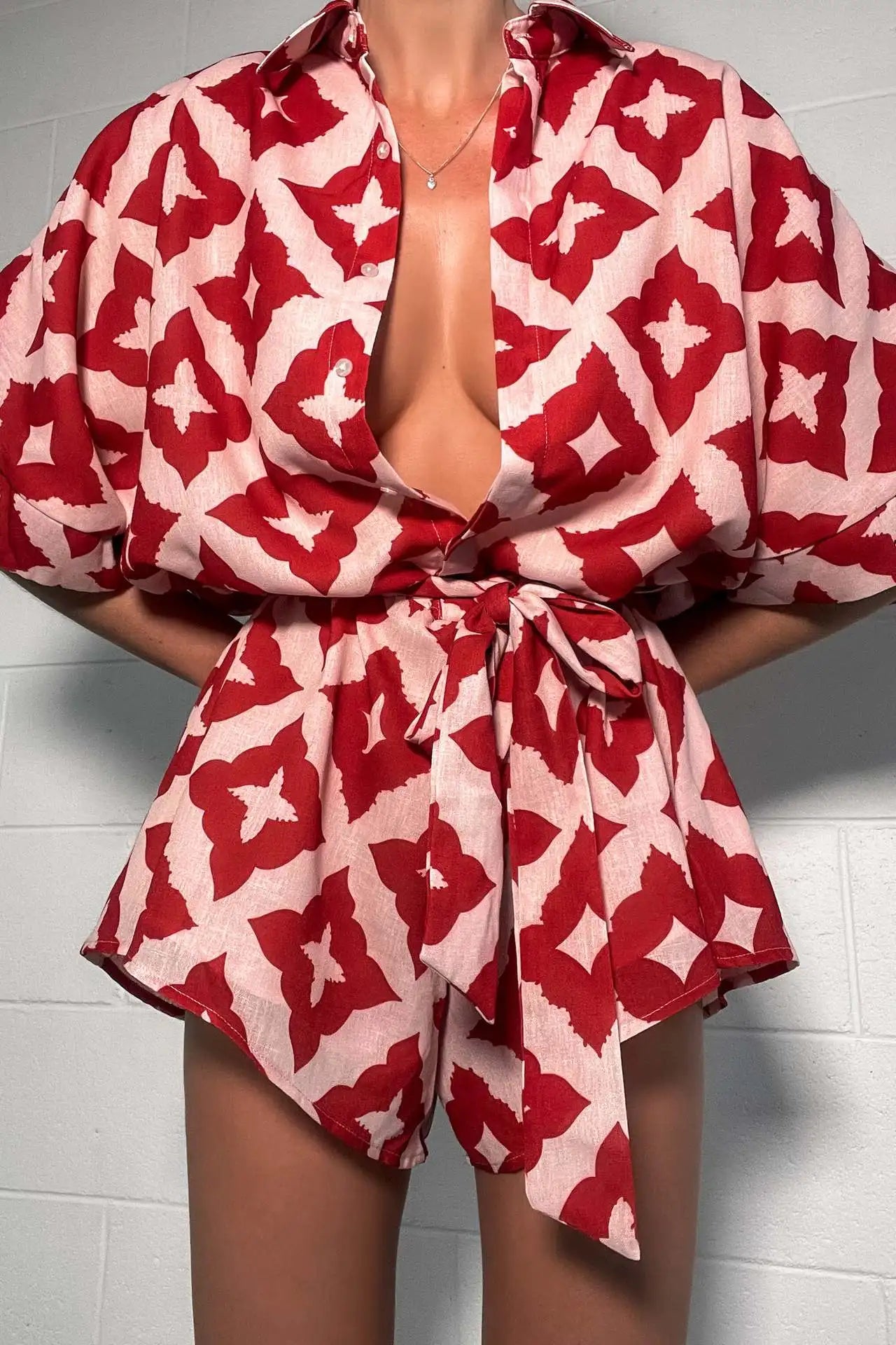 2026 New Autumn Women Loose Casual Print Strap Jumpsuit Red Print Bow Tie Turndown Collar Loose Bodysuit Sexy Outfits Streetwear