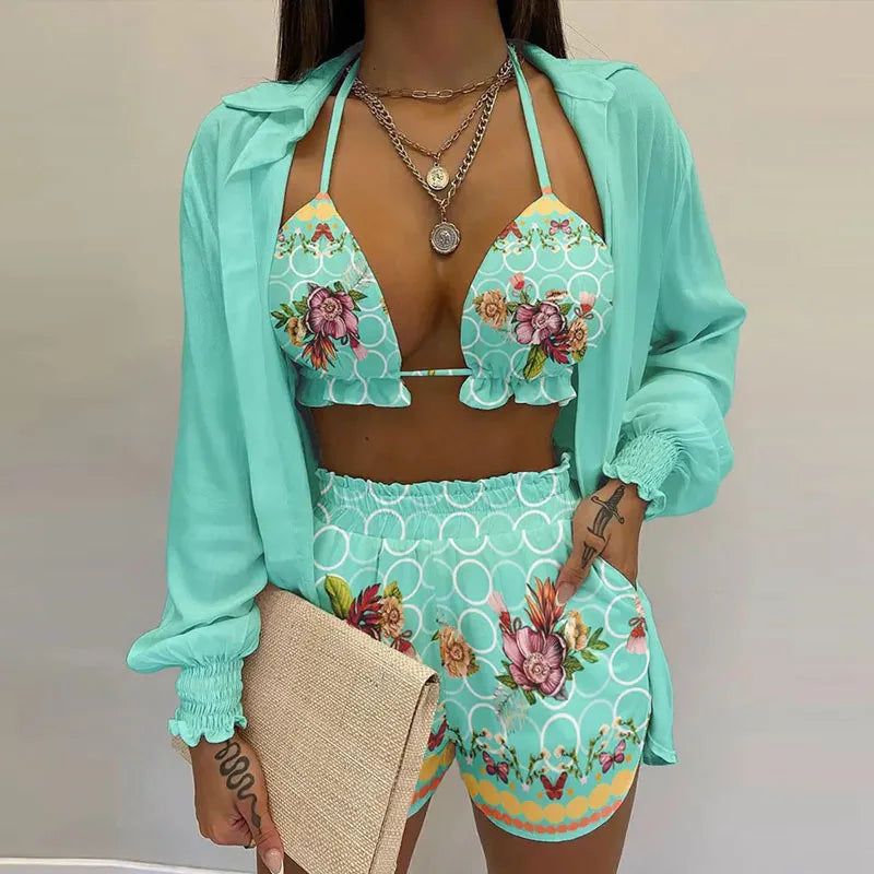 2026 New Bathing Suit Shorts Cover Up Summer Three Pieces Swimwear Sexy Beachwear High Waist Bikini Set Print Women's Swimsuit