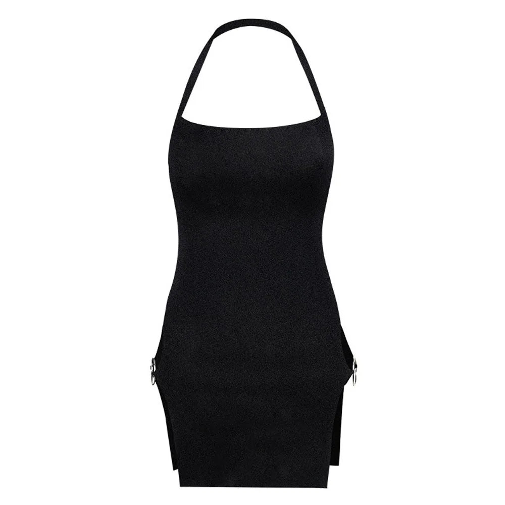Halter neck circle open fork sexy dress summer vacation wind spice girl short skirt female show thin vacation